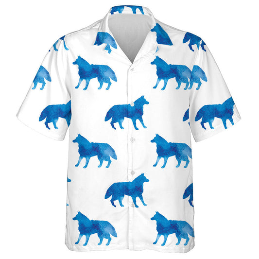 Blue Beautiful With Watercolor Silhouette Of A Wolf Hawaiian Shirt, Hawaiian Shirt Gift, Christmas Gift