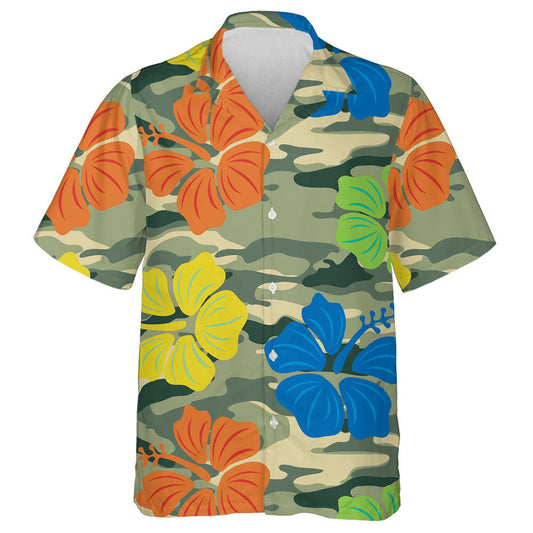 Vibrant Colorful Hibiscus On Green Camo Background Hawaiian Shirt, Hawaiian Shirt Gift, Christmas Gift