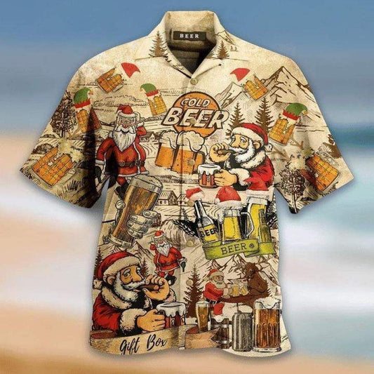 Drinking Beer With Santa Claus Christmas Hawaiian Aloha Aloha Shirts Hawaiian Shorts Beach Short Sleeve_Hawaiian Shirt Gift, Christmas Gift