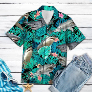 Angry Shark Tropical Jungle Design Hawaiian Shirt, Hawaiian For Gift