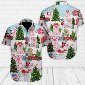 Cute Pig Enjoy Christmas Holiday Vintage Style Design Hawaiian Shirt, Hawaiian Shirt Gift, Christmas Gift