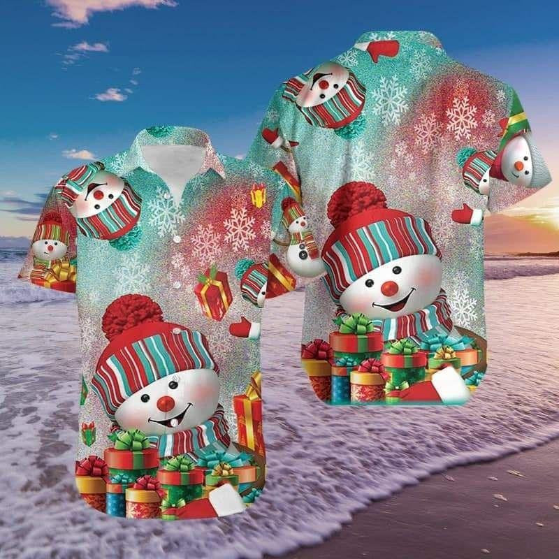 Lovely Snowman With Gift Merry Christmas Design Hawaiian Shirt, Hawaiian Shirt Gift, Christmas Gift