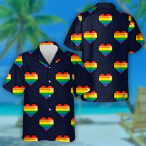 8-Bit Pixel Digital Rainbow Heart Symbol Pattern Hawaiian Shirt, Hawaiian Shirt Gift, Christmas Gift