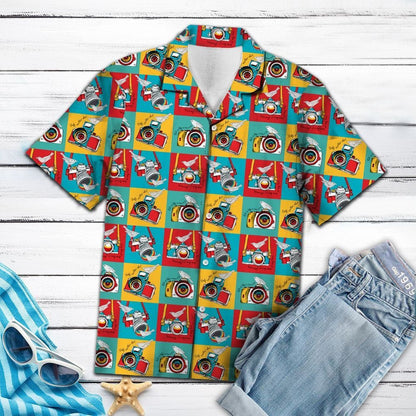 Color Block Camera Bird Design Hawaiian Shirt, Hawaiian For Gift