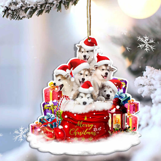 Malamute Alasca i mála bronntanais Nollag Ornáid Cruth, Bronntanas Ornáide Nollag, Bronntanas Nollag, Maisiú Nollag