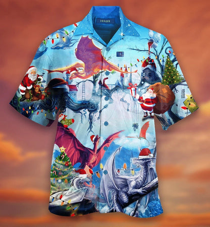 Blue Background Happy Dragons On Christmas Hawaiian Shirt, Hawaiian For Gift