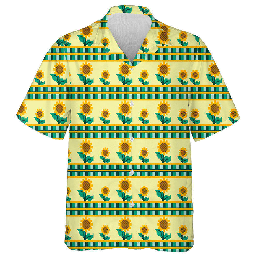 Sunflower Plant Pixel Pattern On Yellow Background Hawaiian Shirt, Hawaiian Shirt Gift, Christmas Gift