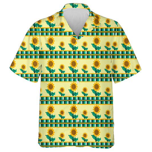Sunflower Plant Pixel Pattern On Yellow Background Hawaiian Shirt, Hawaiian Shirt Gift, Christmas Gift