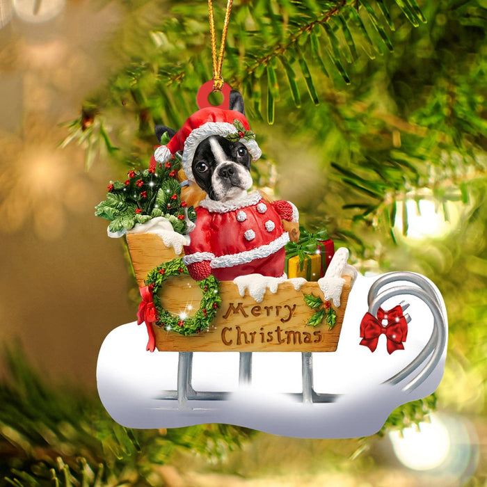 Boston Terrier Sitting On A Cute Sleigh Ornament Flat Acrylic Funny Dog Ornament,Christmas Decoration