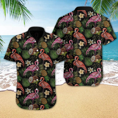 Into Tropical Forest Night Flamingo Embroidery Design Hawaiian Shirt, Christmas Gift