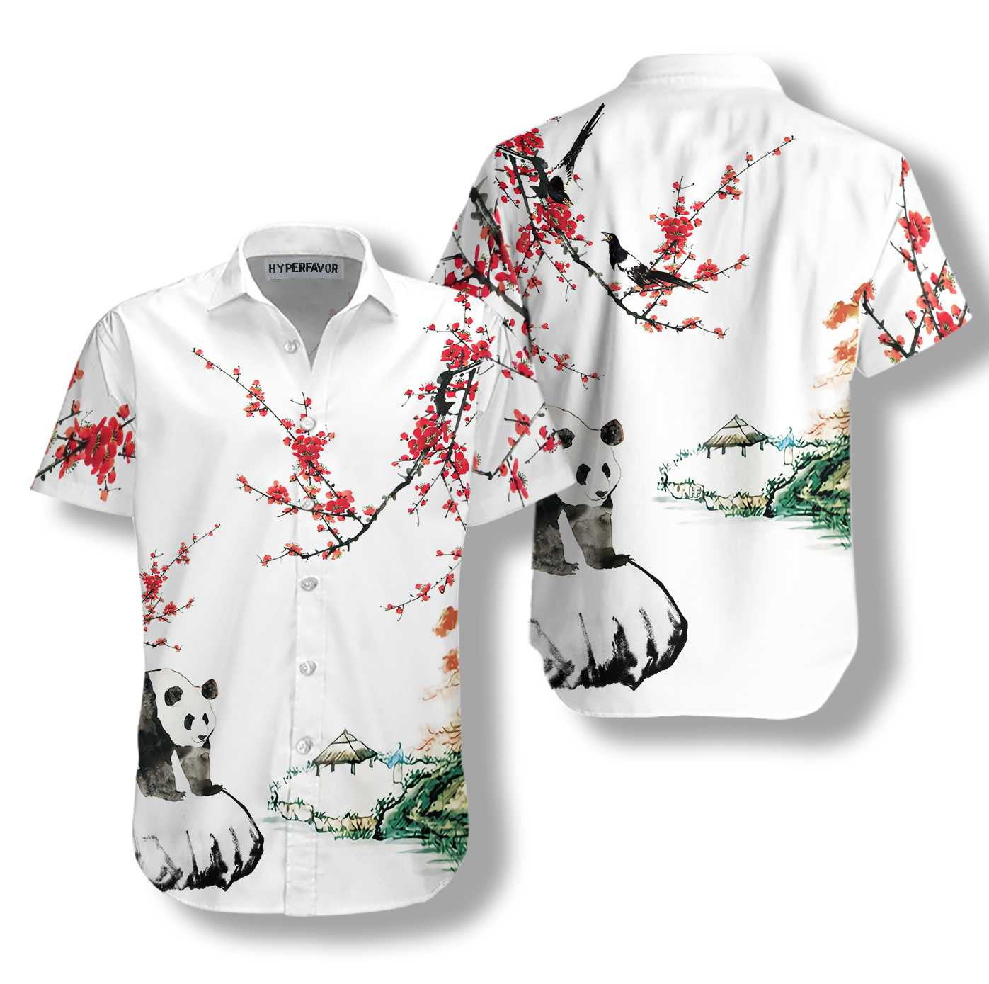 Nice Panda With Plum Blossom Design Hawaiian Shirt,Hawaiian Shirt Gift, Christmas Gift