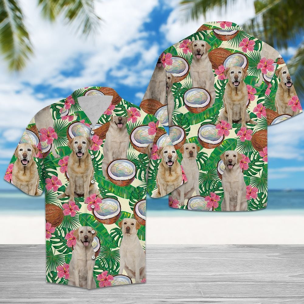 Cute And Playful Labrador Retriever With Tropical Coconut Pattern Hawaiian Shirt, Hawaiian Shirt Gift, Christmas Gift