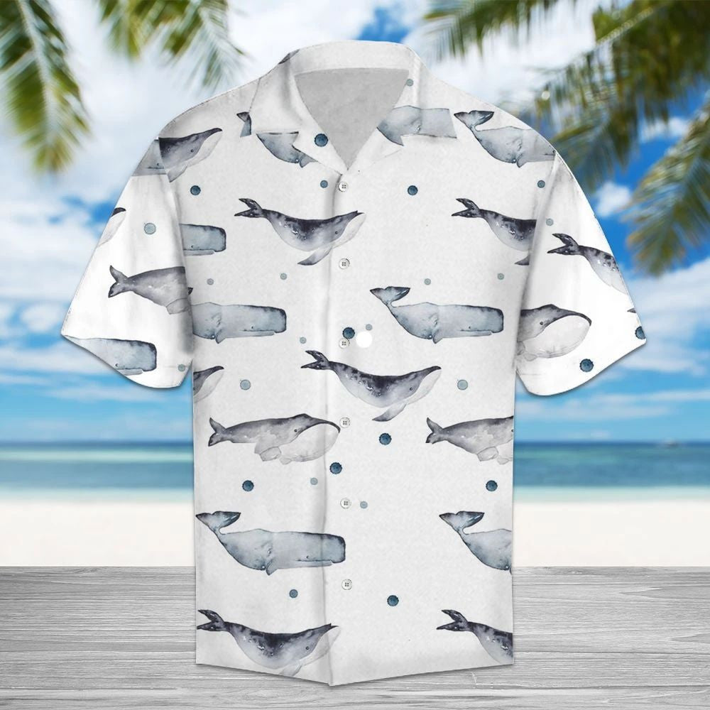 Watercolor Whale In White Design Hawaiian Shirt, Hwaiian For Gift