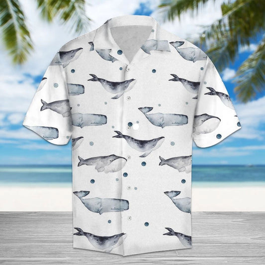 Watercolor Whale In White Design Hawaiian Shirt, Hwaiian For Gift