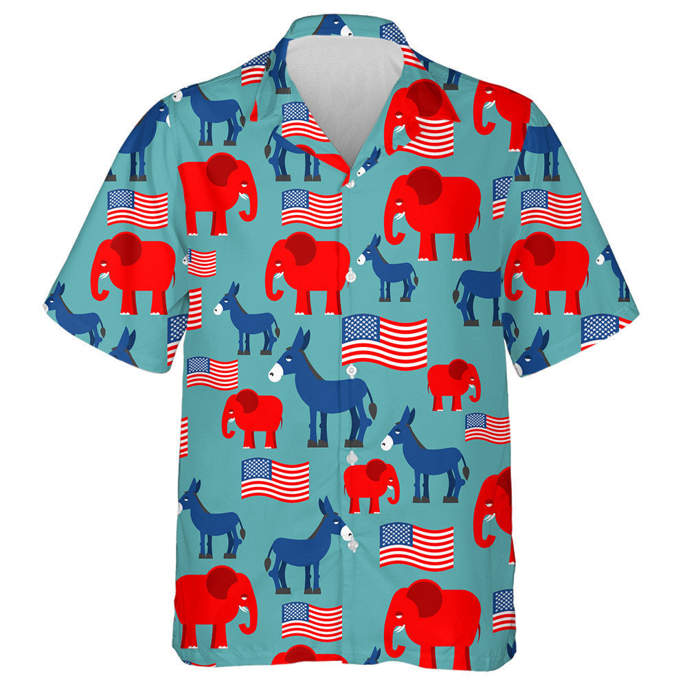 Red Elephant And Blue Donkey With American Flags Pattern Hawaiian Shirt, Hawaiian Shirt Gift, Christmas Gift