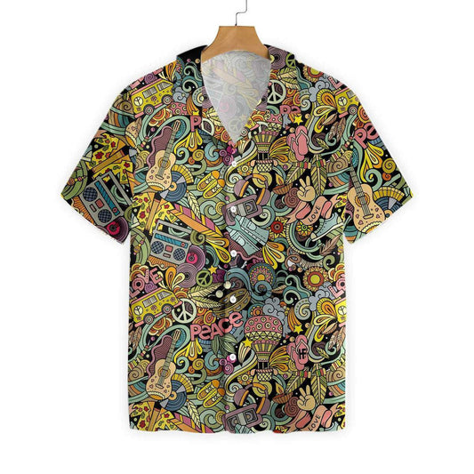 Hippie Style Doodles Illustration Pattern Hawaiian Shirt, Hawaiian For Gift