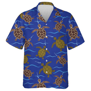 Blue With Sea Turtles In Brown Hawaiian Shirt, Hawaiian For Gift