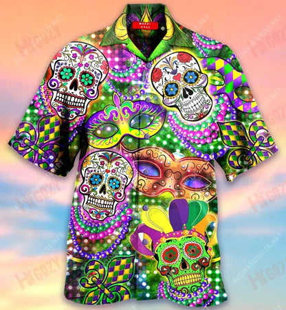 Skulls Mardi Gras Léine Gearr Haváís Samhraidh Aloha Shirt Léine Oirbheartaíochta Haváís Patrún Léine Haváís, Bronntanas Léine Haváís, Bronntanas Nollag