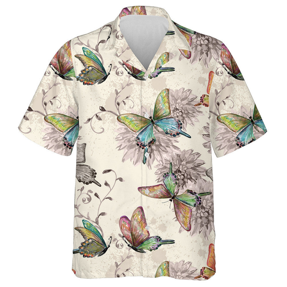 Hand Drawn Vintage Texture Flowers And Butterflies Hawaiian Shirt, Hawaiian Shirt Gift, Christmas Gift