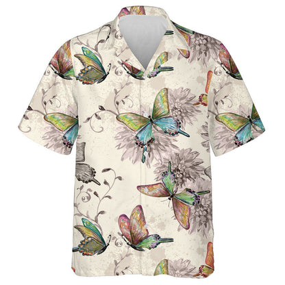 Hand Drawn Vintage Texture Flowers And Butterflies Hawaiian Shirt, Hawaiian Shirt Gift, Christmas Gift