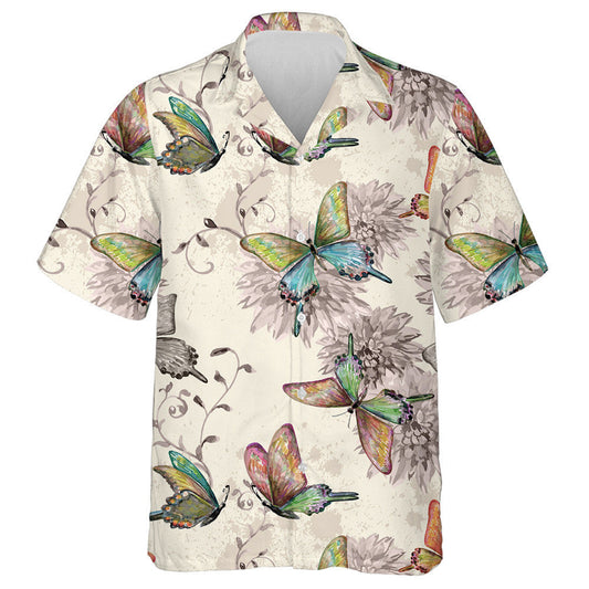 Hand Drawn Vintage Texture Flowers And Butterflies Hawaiian Shirt, Hawaiian Shirt Gift, Christmas Gift