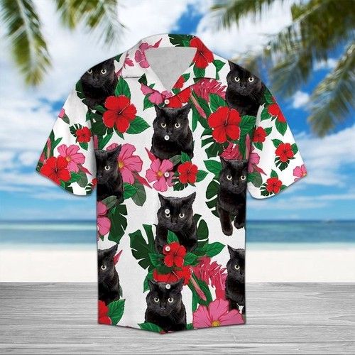 Black Cat Hibiscus Hawaiian Shirt Summer,Hawaiian Shirt Gift, Christmas Gift