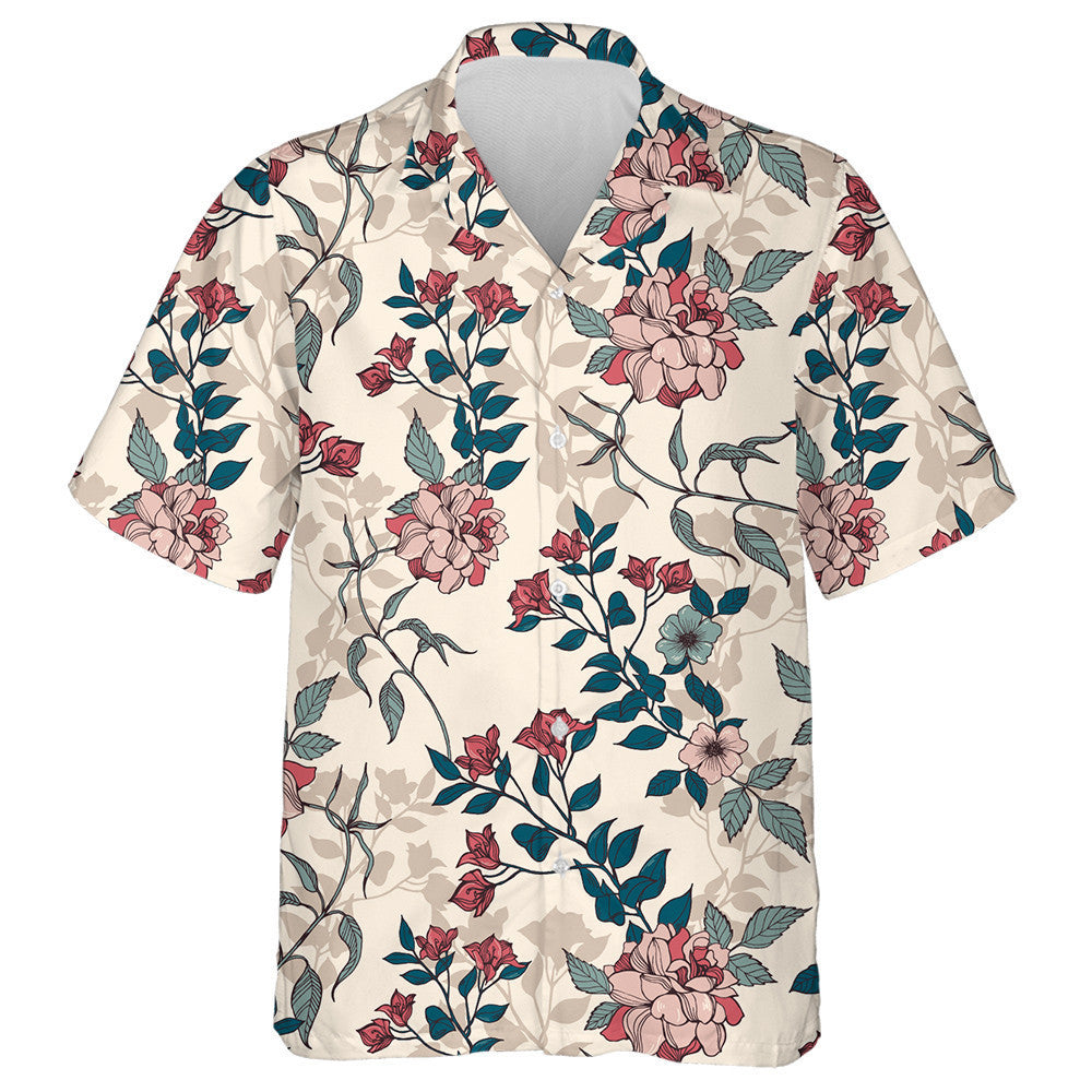 Romantic Flowers Foliage Pattern On Beige Background Hawaiian Shirt, Hawaiian Shirt Gift, Christmas Gift