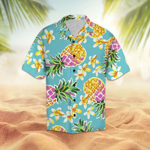 Amazing Pineapple And Hibiscus On Blue Themed Hawaiian Shirt, Hawaiian Shirt Gift, Christmas Gift