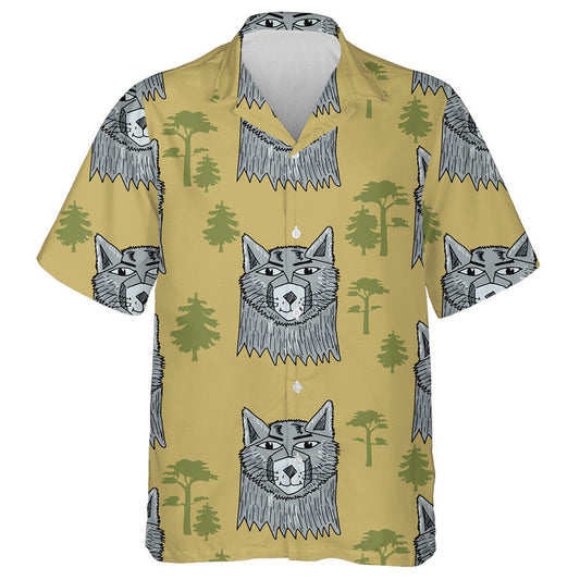 Vintage Background With Wolf And Green Tree Hawaiian Shirt, Hawaiian Shirt Gift, Christmas Gift