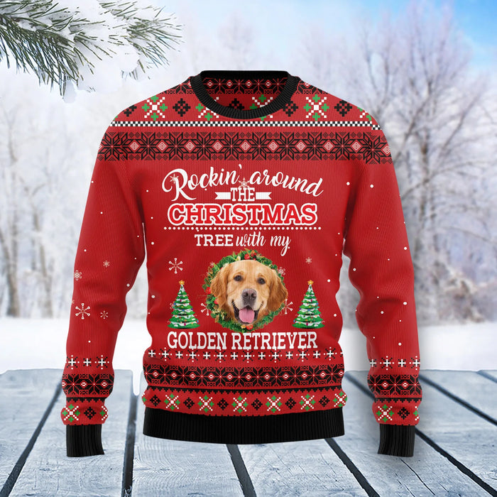 Golden Retriever Rockin unisex womens & mens, couples matching, friends, funny family ugly christmas holiday sweater gifts,Christmas Ugly Sweater