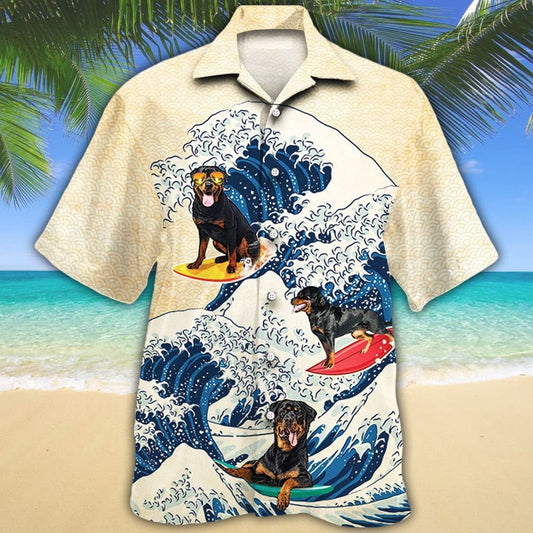 Rottweiler Dog With Wave Happy Face Hawaiian Shirt,Hawaiian Shirt Gift, Christmas Gift