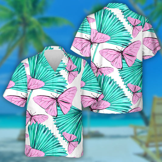Theme Pink Butterflies And Palm Leaves Hawaiian Shirt,Hawaiian Shirt Gift, Christmas Gift