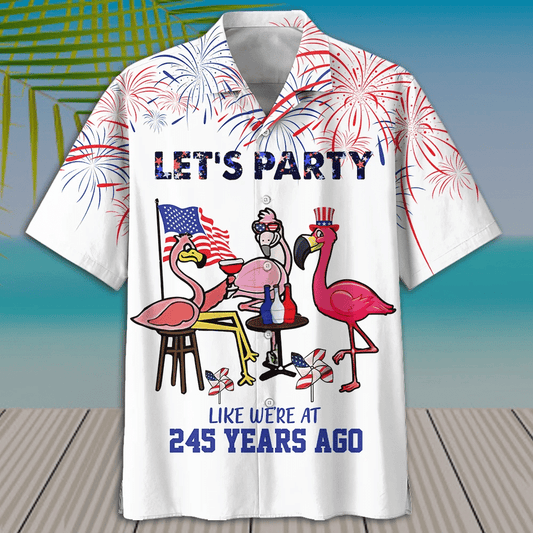 Let's Party Flamingo American Flag Hawaiian Shirt, Hawaiian For Gift