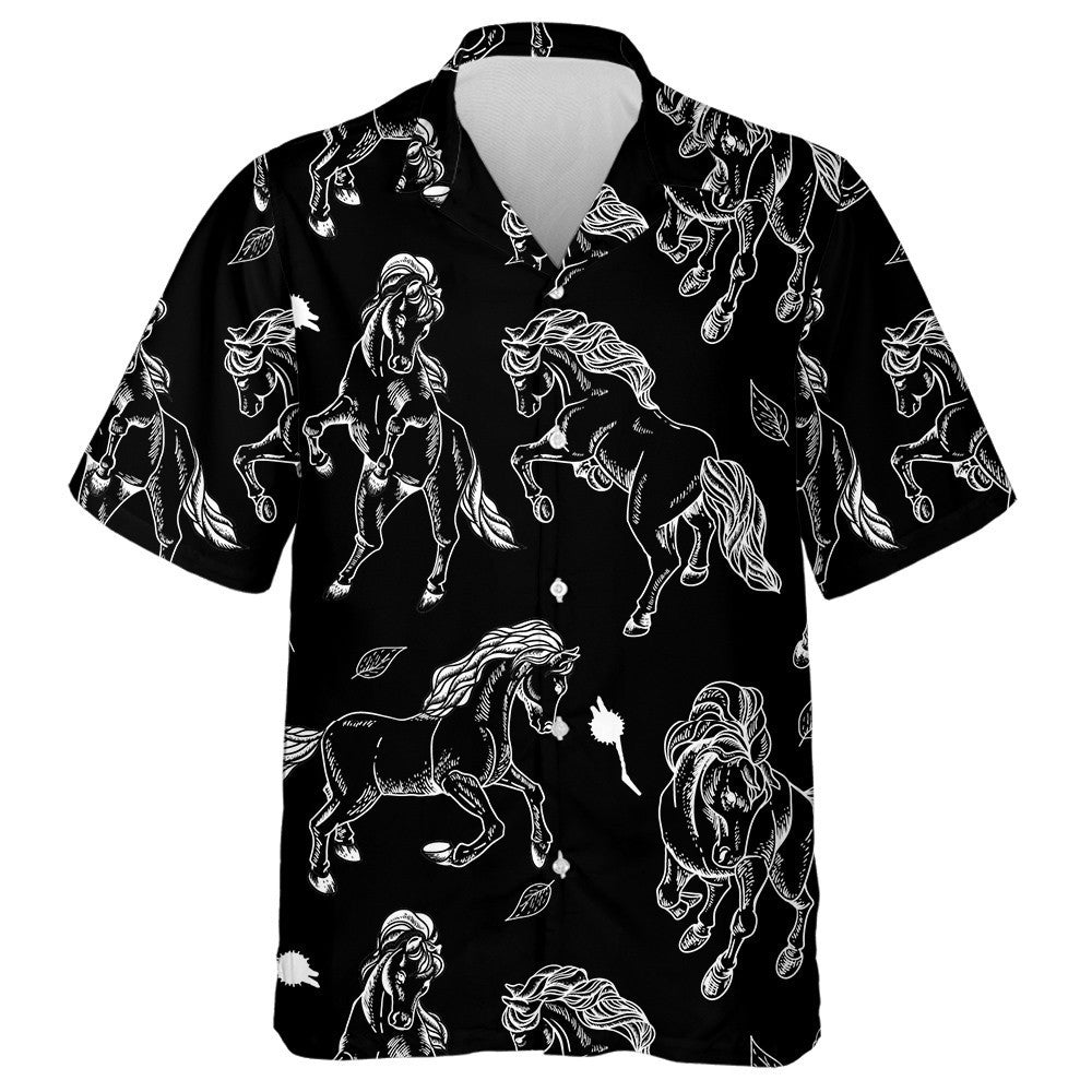 Vintage Outline Horse On Black Background Hawaiian Shirt, Hwaiian For Gift