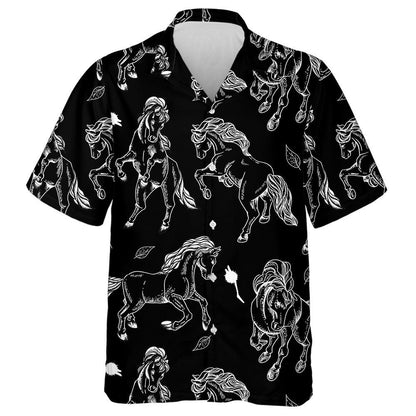 Vintage Outline Horse On Black Background Hawaiian Shirt, Hwaiian For Gift