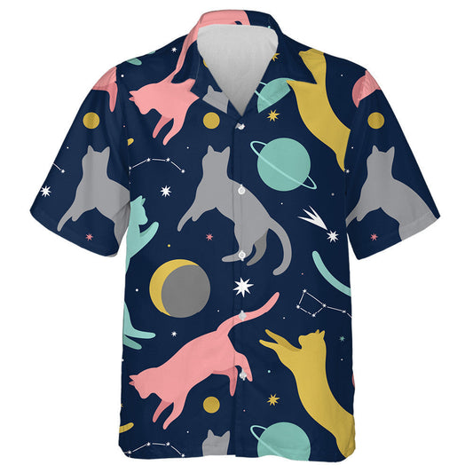 Cats Floating In Space Cosmic Background Hawaiian Shirt, Hawaiian For Gift