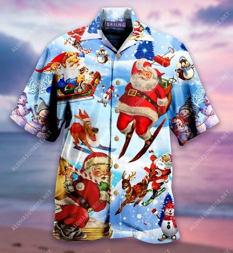 Skiing Santa Claus Unisex Hawaiian Shirt, Hawaiian Shirt Gift, Christmas Gift