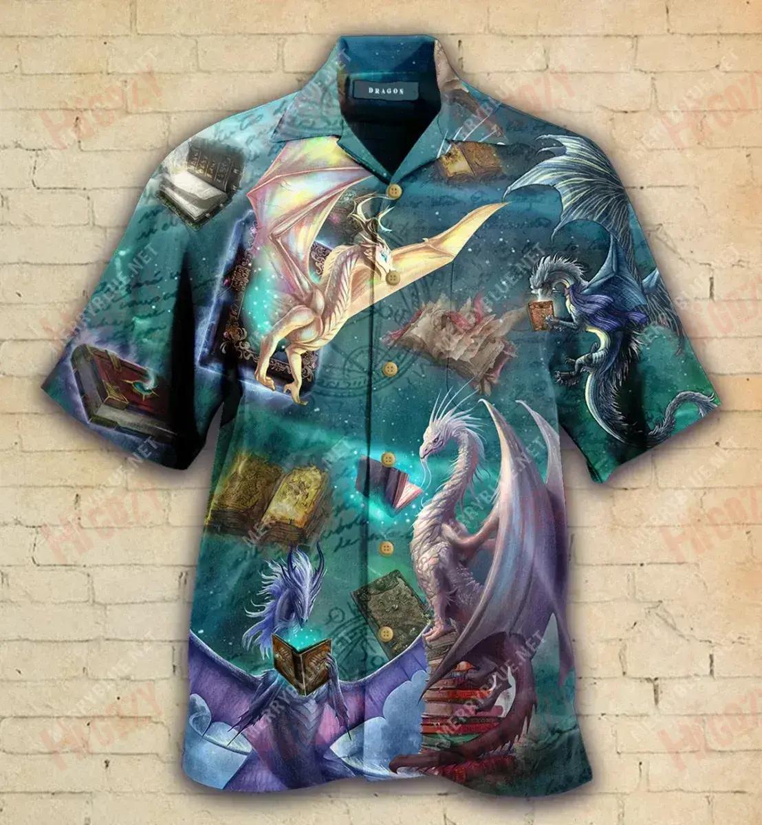 Dragons Read Books Short Hawaiian Shirt Summer Aloha Shirt Best Hawaiian Shirts Crazy Shirts Hawaii_Hawaiian Shirt Gift, Christmas Gift