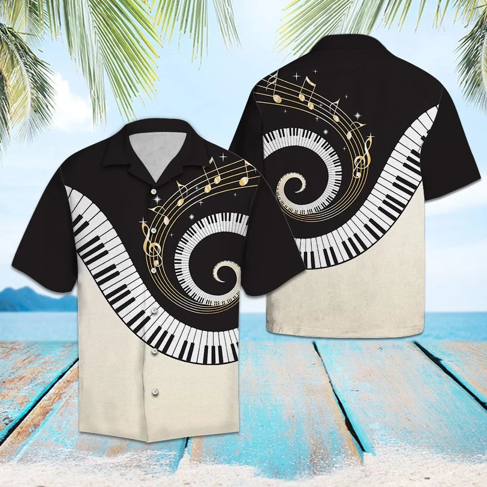 Piano Key And Music Notes Swirls Pattern Hawaiian Shirt, Hawaiian Shirt Gift, Christmas Gift