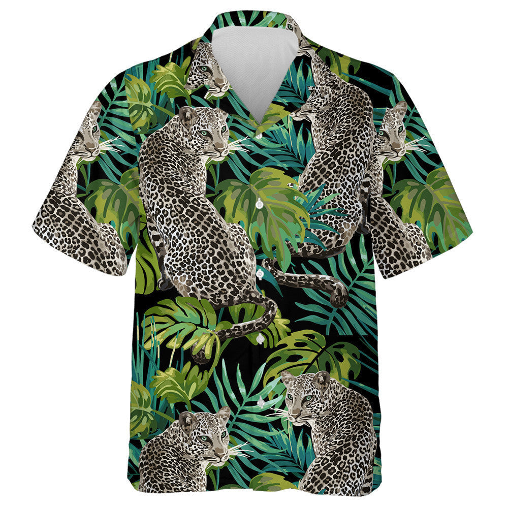 Leopard And Tropical Leaves On Black Background Hawaiian Shirt, Hawaiian Shirt Gift, Christmas Gift