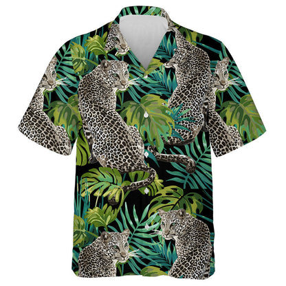 Leopard And Tropical Leaves On Black Background Hawaiian Shirt, Hawaiian Shirt Gift, Christmas Gift