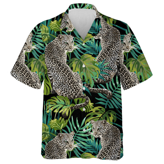 Leopard And Tropical Leaves On Black Background Hawaiian Shirt, Hawaiian Shirt Gift, Christmas Gift