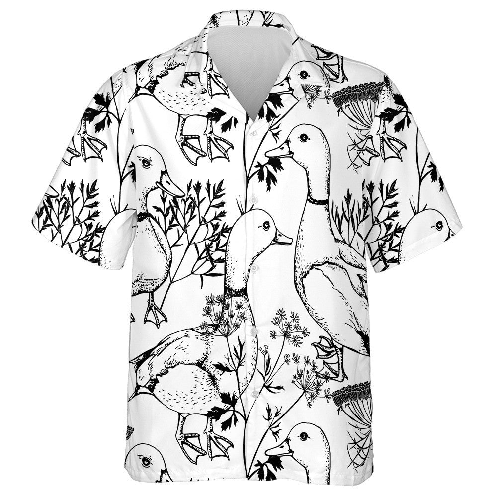 Hand Drawn Ducks And Herbs On White Hawaiian Shirt, Hawaiian Shirt Gift, Christmas Gift