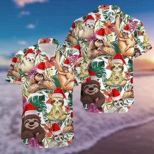 Funny Sloth Merry Christmas Tropical Leaves Vintage Style Design Hawaiian Shirt, Hawaiian Shirt, Christmas Gift