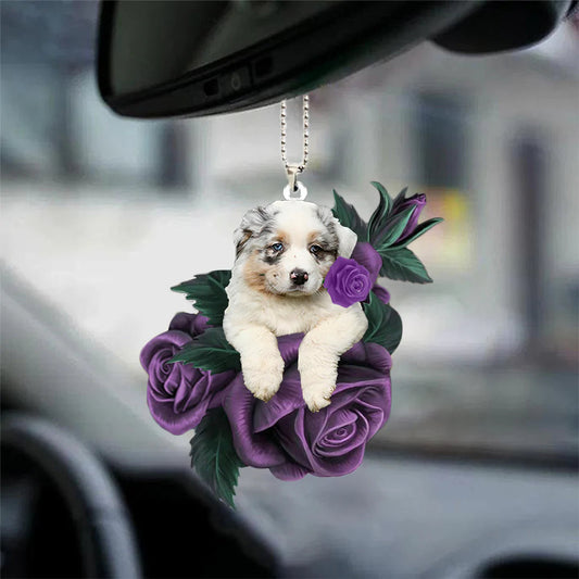 Australian Shepherd In Purple Rose Car Hanging Ornament, Car Ornament - Best gifts your whole family