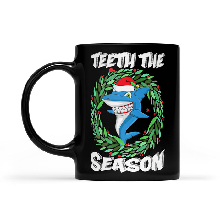 Teeth The Season Funny Christmas Shark With Santa Hat Tee -  Black Mug Gift For Christmas