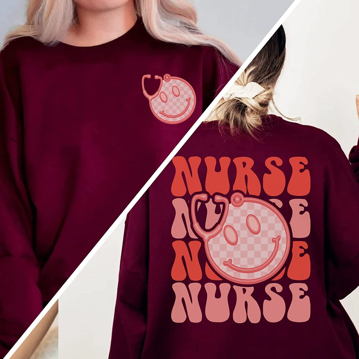 2 SIDES Valentines Nurse T-Shirt Gift for Nurses, Stethoscope heart smiley Face Sweatshirt, funny NICU Nurse Crew Long Sleeve, Xoxo Hoodie