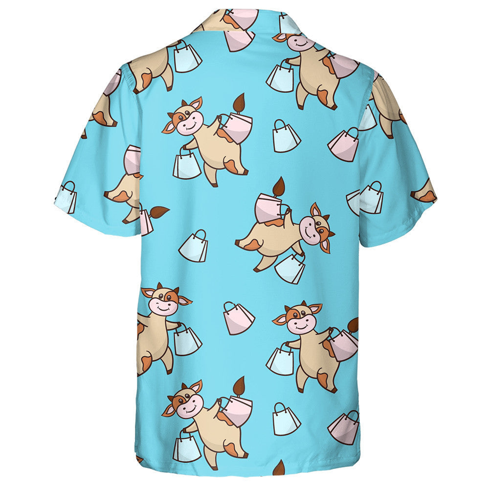 Cute Cartoon Cow On A Shopping Trip Hawaiian Shirt, Hawaiian Shirt Gift, Christmas Gift