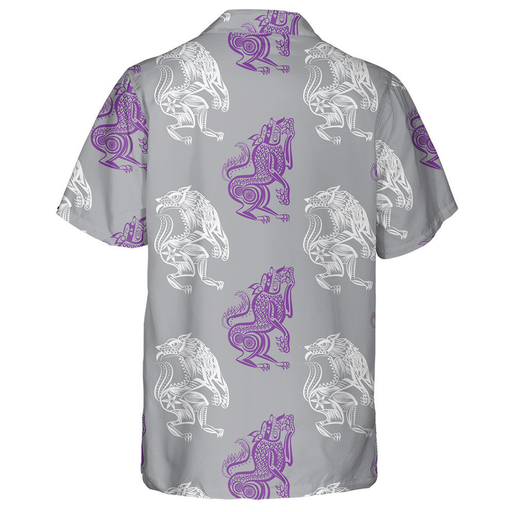 Illustration White And Purple Wolf Doodle Hawaiian Shirt, Hawaiian For Gift