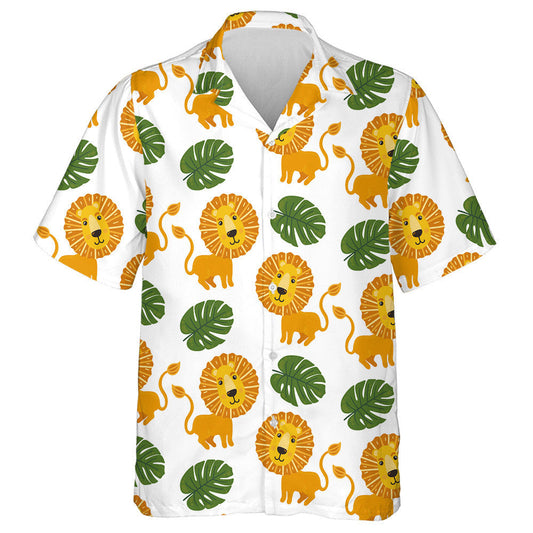 Cute Childish Naive Lion With Monstera Leaves Hawaiian Shirt, Hawaiian Shirt Gift, Christmas Gift